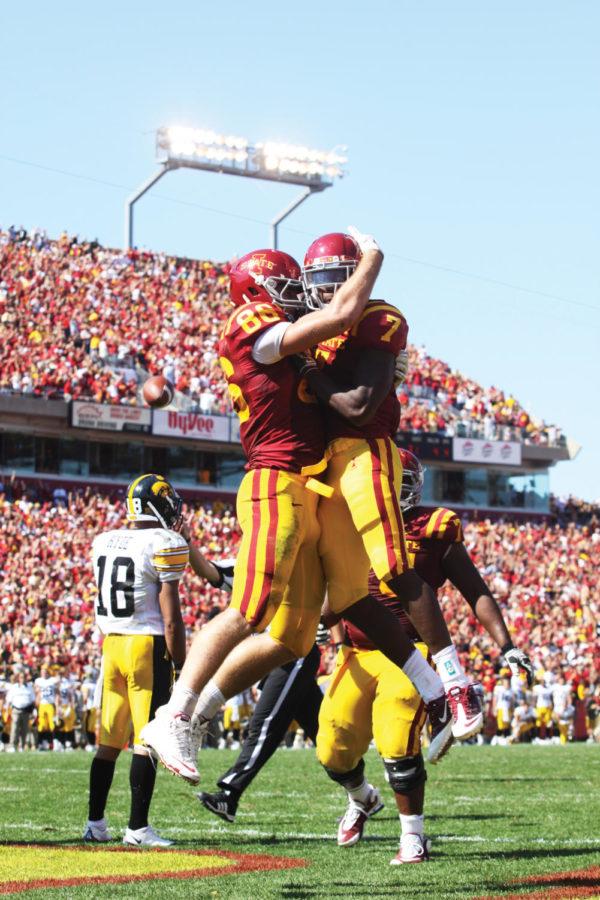 Wide reciever Darius Reynolds celebrates a touchdown Saturday,
Sept. 10, at Jack Trice Stadium. Reynolds finished the game with 85
yards recieving and two touchdowns.
