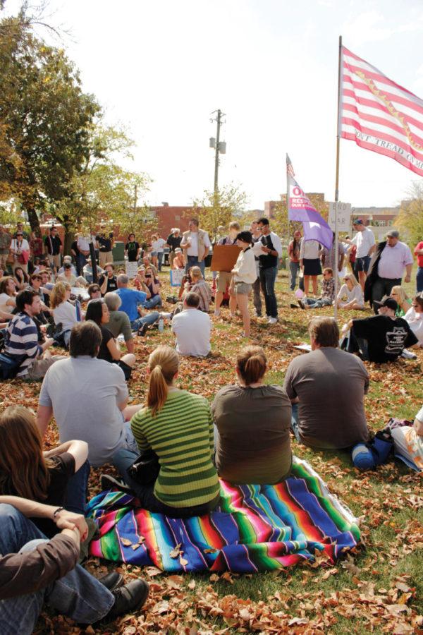 Demonstrators gather for the Occupy Iowa kickoff rally at the
Iowa State Capitol in Des Moines to discuss the terms of their
occupancy on Sunday, Oct. 9. Modeled after the Occupy Wall Street
event in New York City, protestors set up camp on the lawn of the
Capitol on Sunday evening hoping to attact legislative
attention. 
