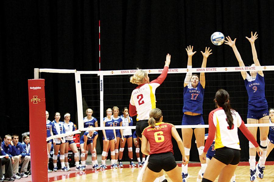 Outside hitter Hannah Willms hits the ball, scoring the final
game point of the third game. The ISU volleyball team faced up
against Kansas on Wednesday, Oct. 26. The Cyclones swept the
Jayhawks 3-0
