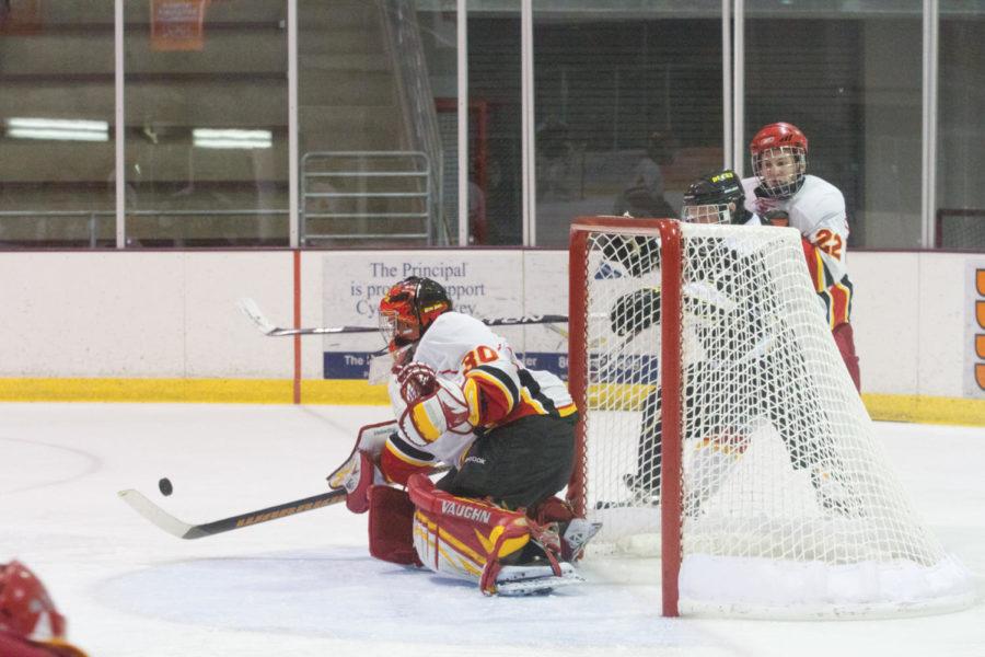 ISU goalie Paul Karus stops a puck from reaching the net. The
ISU hockey team faced the Dells Ducks on Friday, Oct. 7, and won
8-1.
