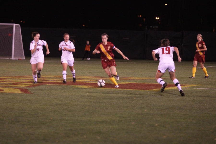 Senior midfielder Mary Kate McLaughlin dribbles through the
defense against Texas Tech on Friday, Oct. 21, at the ISU Soccer
Complex. Iowa State won the game 1-0 in the second overtime period.
McLaughlin has two goals and one assist on the season
