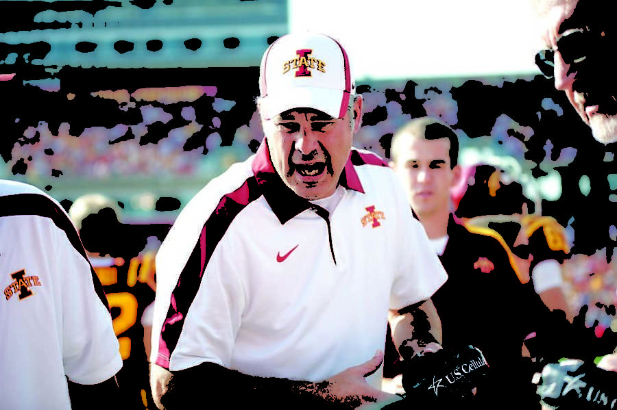 Coach Paul Rhoads gives the team direction on the sidelines
during the football game on Saturday, Oct. 22. Iowa State fell to
Texas A&M 33-17.
