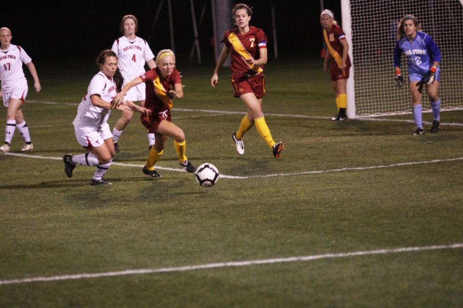 Sophomore midfielder Erin Green chases after the ball against
Texas Tech on Friday, Oct. 21, at the ISU Soccer Complex. Iowa
State won the game 1-0 in the second overtime period. Green has one
goal on the season. 
