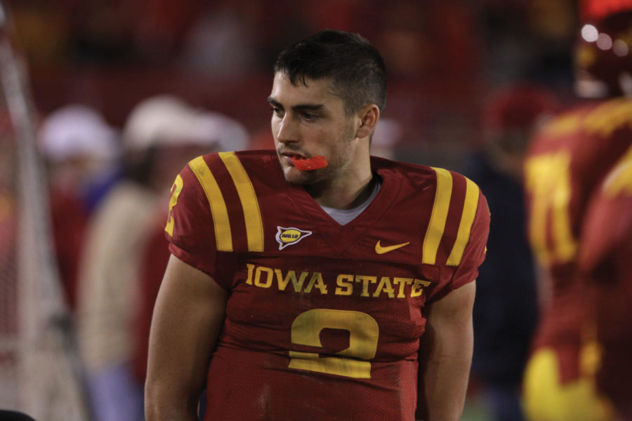 Steele Jantz walks the sidelines after the Cyclone loss to Texas
on Saturday, Oct. 1. The Cyclones had a total of eight penalties,
accounting for 90 lost yards.
