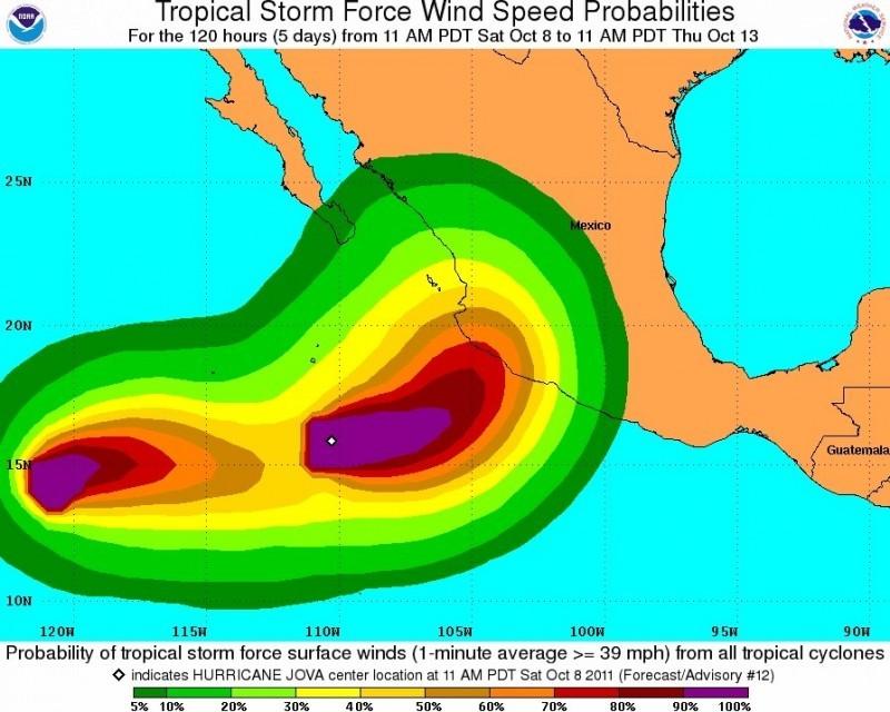 This projection shows the tropical storm force wind speed
probabilities.
