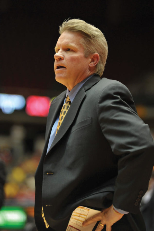 Iowa State coach Bill Fennelly, reacts to a referees call during the first half of Tuesdays game against Nebraska at Hilton Coliseum. Iowa State beat Nebraska 64-43. 