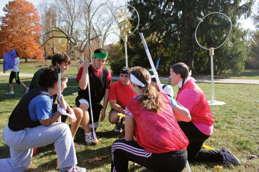 Members of the ISU Quidditch Club talk strategy during a match
on Central Campus on Sunday, Oct. 30. Quidditch, a sport made
famous through the "Harry Potter" franchise, has recently gained
popularity among college students across the country. The club
holds open practice matches every Sunday afternoon and anyone
interested in joining the club is welcome to attend. 
