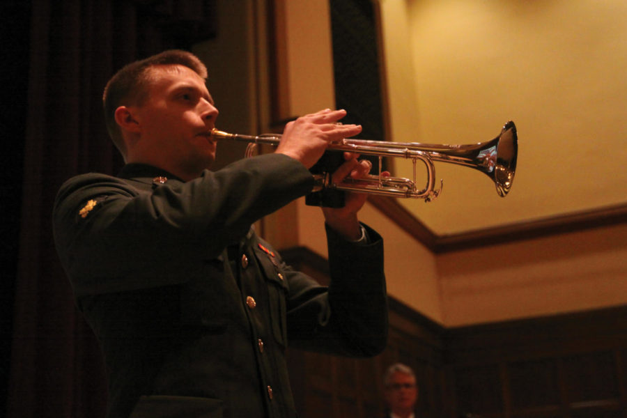 Spc. Justin Smiley-Oyen plays trumpet at the end of the Gold
Star Hall Ceremony on Thursday, Nov. 10, at the Great Hall in the
Memorial Union. The ceremony honors to veterans who were ISU
students. Three of them served in the Korean War and one served in
Afghanistan.
