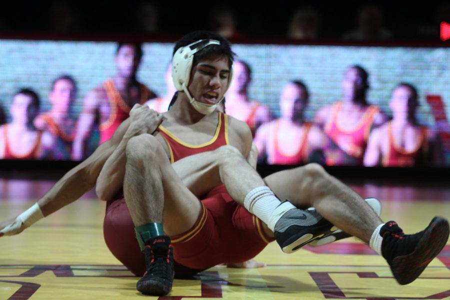 Shayden Terukina finds himself in the grip of Oklahomas Jordan
Kellers Banana Splits move during the dual meet on Sunday.
Terukina would go on to lose in an 8-3 decision. Iowa State lost to
Oklahoma 22-13 Sunday, Nov. 27, 2011. 
