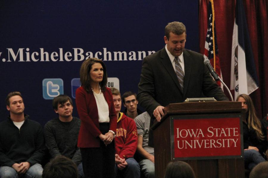 Michele Bachmann is introduced by a member of the ISU College
Republicans at the town hall meeting on economics Thursday, Nov. 3,
at the Memorial Union. Bachmann is part of the Iowa State
University Presidential Caucus Series. Bachmann discussed the
significance of economic policy to students futures, and her
presidential campaign platform.  
