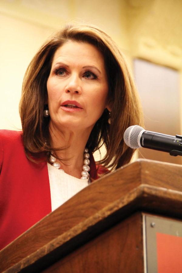 Michele Bachmann discusses the significance of economic policy
to students futures and her presidential campaign platform at a
town hall meeting Thursday, Nov. 3, at the Memorial Union. Bachmann
is part of the Iowa State University Presidential Caucus Series.
 

