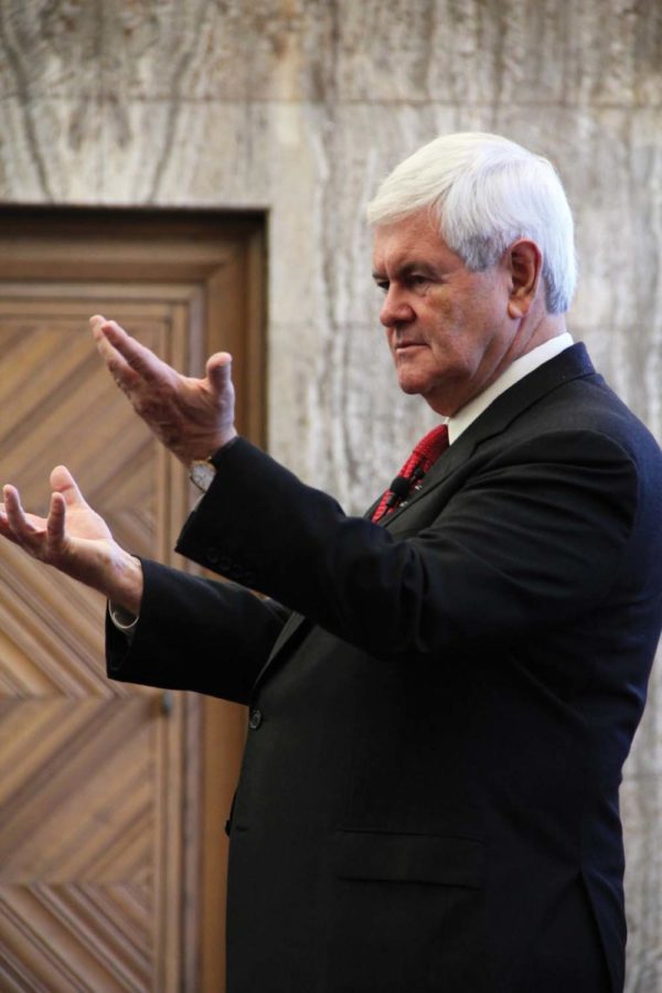 Newt Gingrich, 2012 presidential candidate, speaks at Iowa State
on Friday, Sept. 30, in the Campanile Room of the Memorial Union,
emphasizing Iowa States reputation for science and technology.
Gingrichs presence was part of the Presidential Caucus Series.
 
