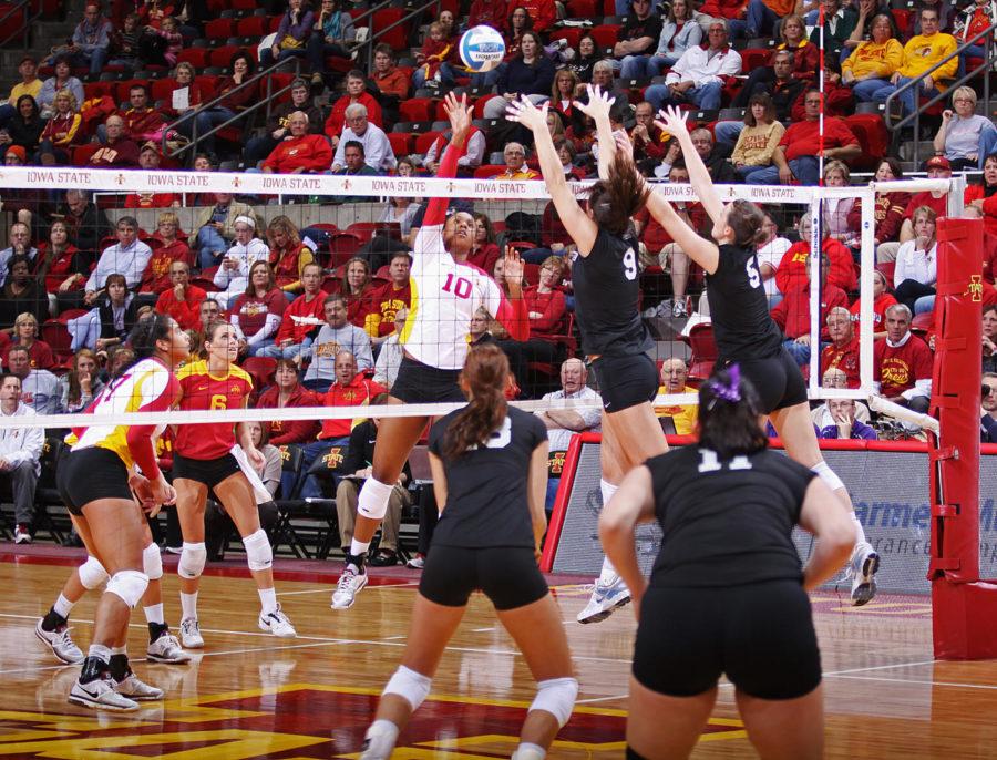 Outside hitter Victoria Hurtt attempts a spike on Wednesday,
Nov. 16, at Hilton Coliseum. Hurtt had eight kills out of 18
attempts.
