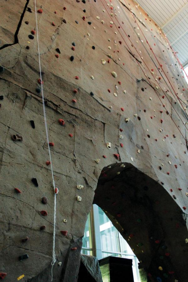 The Recreation Facilities Expansion and Renovation project
boasts a new three-story climbing wall inside the atrium of the
newly constructed wing. The back side of the climbing wall features
grips for bouldering, a style of climbing in which climbers are not
attached to a rope and climb freely. Once climbers reach the top,
windows facing north allow for unparalleled views of campus.
