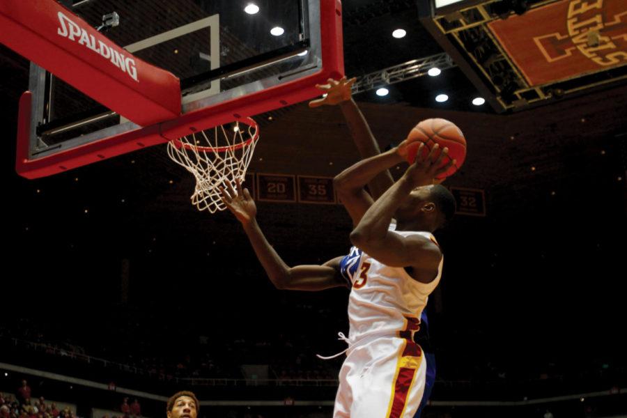 Melvin Ejim drives to the rim while being contested in the
Cyclones exhibition against Division II Grand Valley State on
Sunday, Nov. 6, at Hilton Coliseum. Ejim would go on to score 26 of
the teams 77 points.
