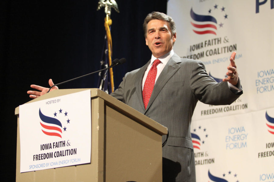 Republican presidential candidate Rick Perry makes a speech at the Iowa Faith & Freedom Coalitions Presidential Forum in Des Moines on Saturday, Oct. 22. 
