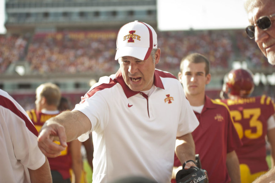 Coach Paul Rhoads gives the team direction on the sidelines
during the football game against Texas A&M on Saturday, Oct.
22. Iowa State fell to Texas A&M 33-17.
