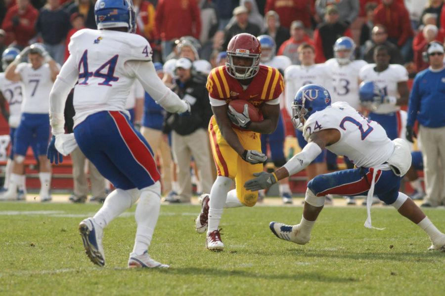 Wide receiver Albert Gary attempts to move the ball downfield
during the game against Kansas on Saturday, Nov. 5, at Jack Trice
Stadium. The Cyclones won 13-10.

