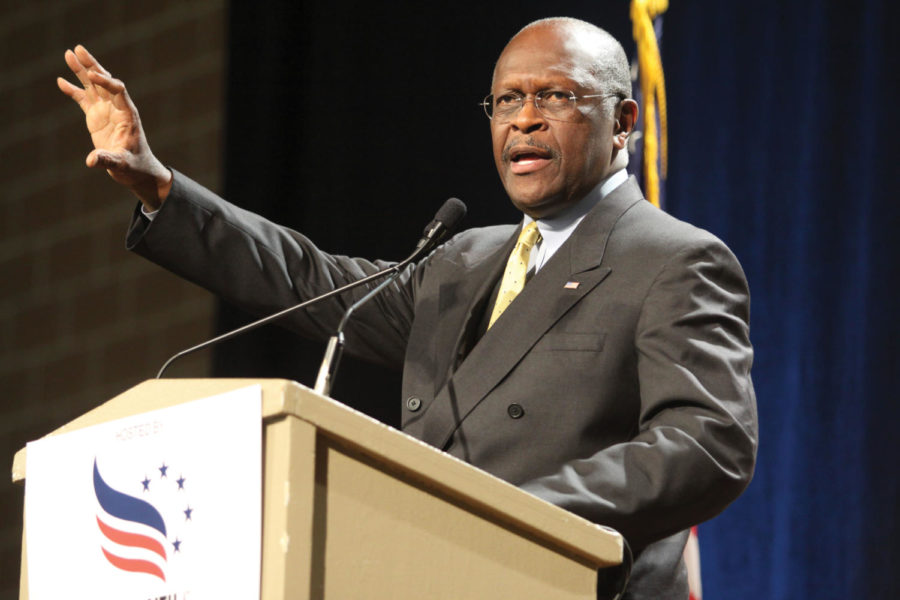 Republican presidential candidate Herman Cain makes a speech
during the Republican debate on Saturday, Oct. 22, in Des
Moines. 
