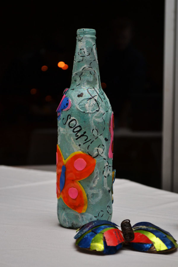 A piece created by Alexis Coulter, freshman in biology, sits on
display.
