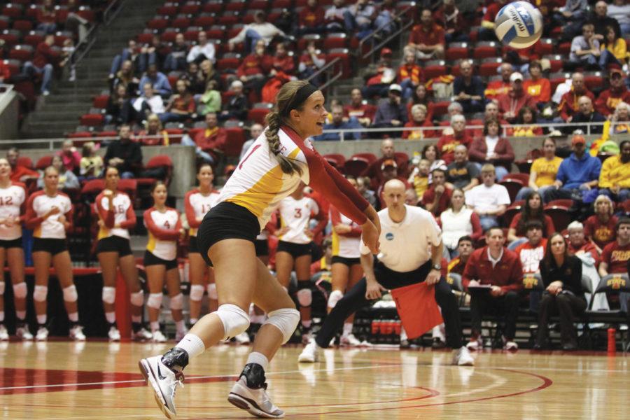 Outside hitter Carly Jenson prepares to bump the ball back to
Miami during the second round of the NCAA Volleyball Championship
on Saturday, Dec. 3. Jenson had 11 kills and scored a total of 12
points for the Cyclones throughout the match.
