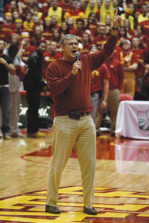 Coach Paul Rhoads helps to honor the ISU football team on their
bowl bid to the Pinstripe Bowl in New York on Friday, Dec. 9, at
Hilton Coliseum. 
