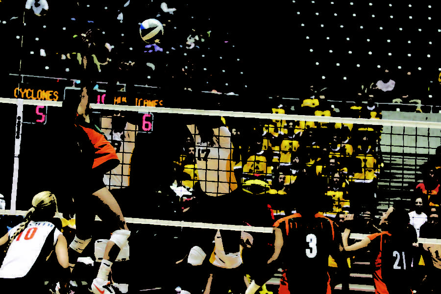 Right-side hitter Kelsey Petersen and middle blocker Tenisha
Matlock block a kill from Miami on Saturday, Dec. 3, during the
second round of the NCAA Volleyball Championship. Iowa State beat
Miami in three sets, advancing them to the Sweet 16.
