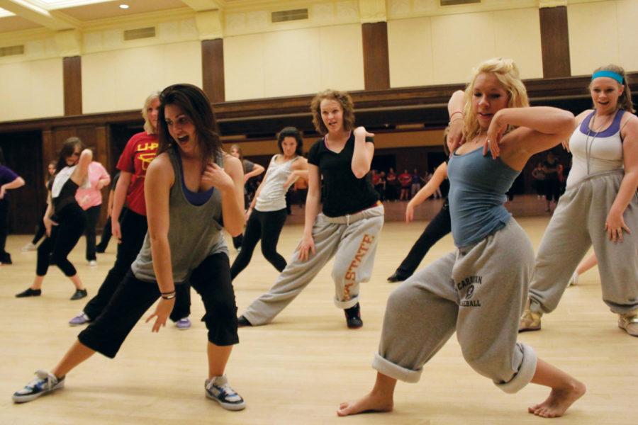 Members of Dub H, the ISU Hip Hop Club, rehearse choreography by
Abbie OHare-Goodwin, senior in dietetics, during their final
practice in the Great Hall of the Memorial Union on Sunday, Nov.
27. Dub Hs 10th anniversary show will take place on Friday, Dec.
2, at Stephens Auditorium. 
