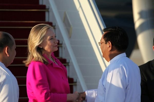 Sec. of State Hillary Clinton is greeted by Burmese Deputy
Foreign Minister Dr. Myo Myint as she arrives in Nay Pyi Taw to
begin her historic visit to Myanmar on Wednesday, Nov. 30,
2011.

