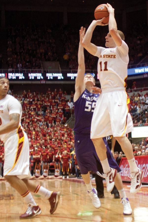 Scott Christopherson goes up for a shot in the second half
against Kansas State on Tuesday, Jan. 31, at Hilton Coliseum.
Christopherson scored 11 points as the Cyclones moved to 6-3 in Big
12 Conference play.
