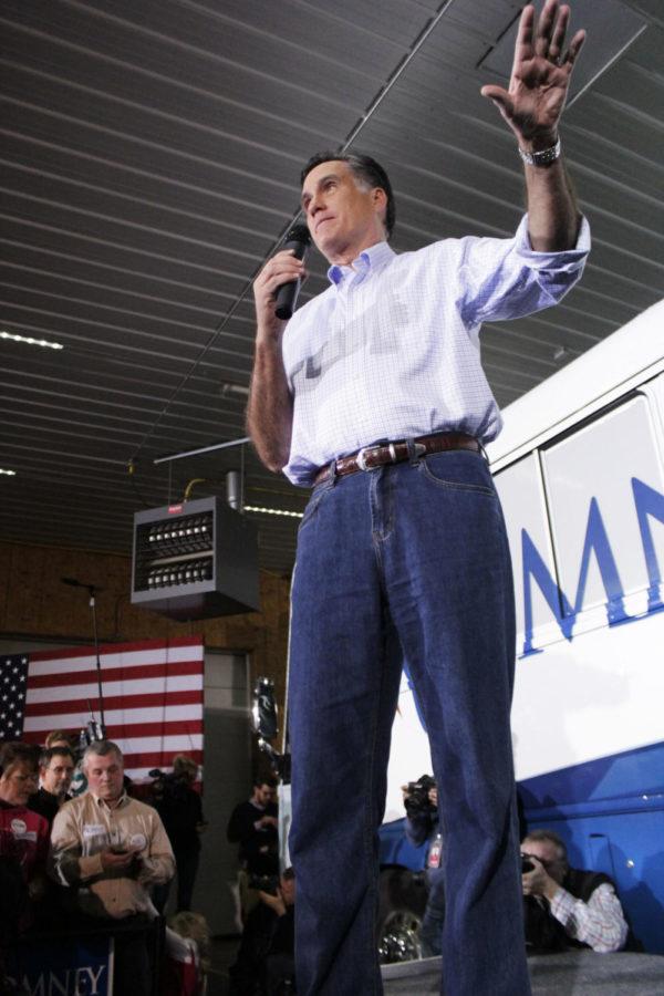 Mitt Romney, former Republican governor of Massachusetts,
addresses a crowd of several hundred during a campaign stop at
Kinzler Construction in Ames on Thursday, Dec. 29. Romney, who is
seeking the GOP presidential nomination in August, has several
stops planned around Central Iowa leading up to the Iowa caucuses
on Jan. 3. 

