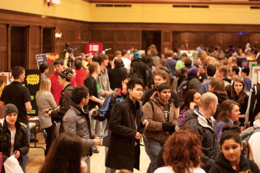 Students browse the multitude of clubs on Wednesday January 18,
2012 during this year's second Club Fest in the Memorial Union.
Club Fest showcases many student run organizations that offer
something for everyone.
