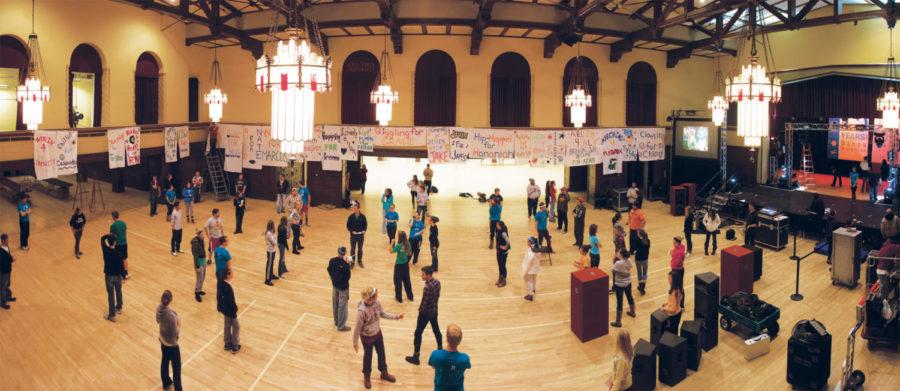 Members of Dance Marathon set up and practice the night before
the start of their 15-hour philanthropy Friday, Jan. 20. The money
raised by Dance Marathon will go to the University of Iowa
Childrens Hospital through the Childrens Miracle Network.
