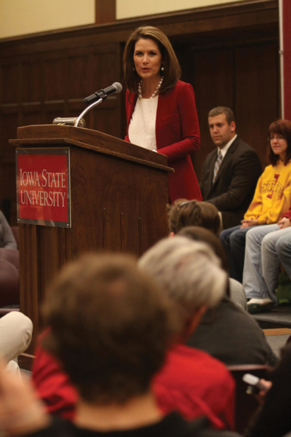 Presidential candidate Michele Bachmann speaks in the South
Ballroom of the Memorial Union on Thursday, Nov. 3. She advocate
tax reform and is against wasteful government spending.

