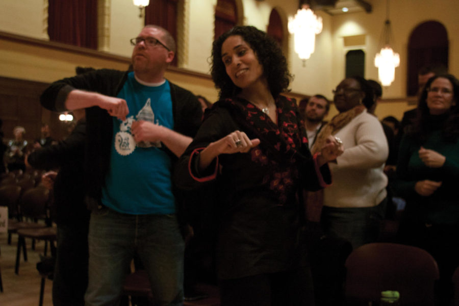 Assistant professors Tyson Marsh and Nana Osei-Kofi dance with
Bridges to Harmony during the Dr. Martin Luther King Jr. Holiday
Celebration on Thursday, Jan. 19, in the Great Hall in the Memorial
Union. This event is to celebrate the life and legacy of Dr. Martin
Luther King.  
