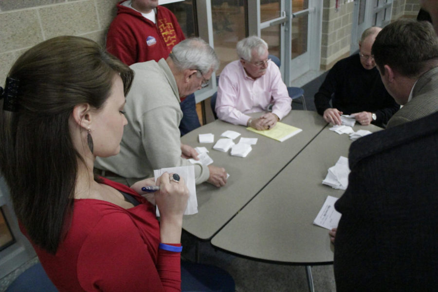 Ballots are counted at the conclusion of the Ames Ward 3,
Precinct 5 caucus at Ames Middle School on Tuesday, Jan. 3. Of the
202 votes cast, Mitt Romney ran away with the precincts victory
with 83 ballots.
