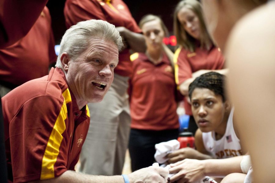 ISU+coach+Bill+Fennelly+talks+to+the+team+in+a+timeout+during+the+game+against+Rockhurst+on+Nov+6%2C+2011.+Iowa+State+beat+Rockhurst+79-29.