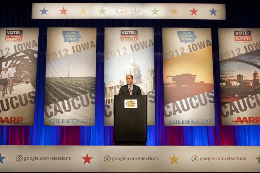 Matt Strawn, Republican Party of Iowa chairman, gives a formal
announcement declaring Mitt Romney the winner of the Iowa caucus
early Wedneday morning. Romney won with 30,015 votes, with former
Pennsylvania Sen. Rick Santorum in second with 30,007.
