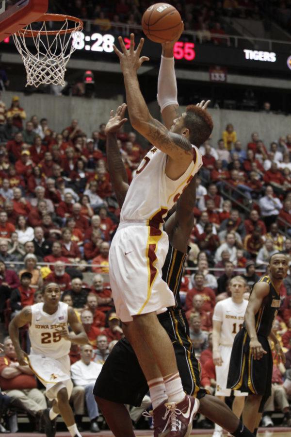 Forward Royce White goes through Missouri defense for a layup
during the second half of Wednesdays game at Hilton Coliseum.
Royce was one of the leaders for the game against the Tigers with
ten points and six rebounds.
