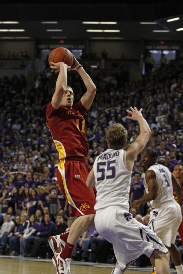 ISU guard Scott Christopherson pulls up for a jumper during the second half of Iowa States 65-61 win over Kansas State on Saturday, Feb. 25. Christopherson shot 10-of-13 (77 percent) in the game, and his 29 points was the third time this season hes scored more than 20 points in a game.
