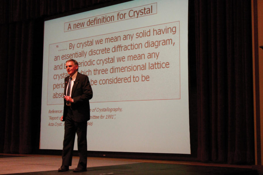 Dan Shechtman, Nobel Prize winner for his discovery of
quasicrystals, delivers a speech Monday, Feb. 20, in the Memorial
Unions Great Hall. Shechtman spoke on how he made his remarkable
discovery - and his struggle to have his ideas accepted by the
scientific community.
