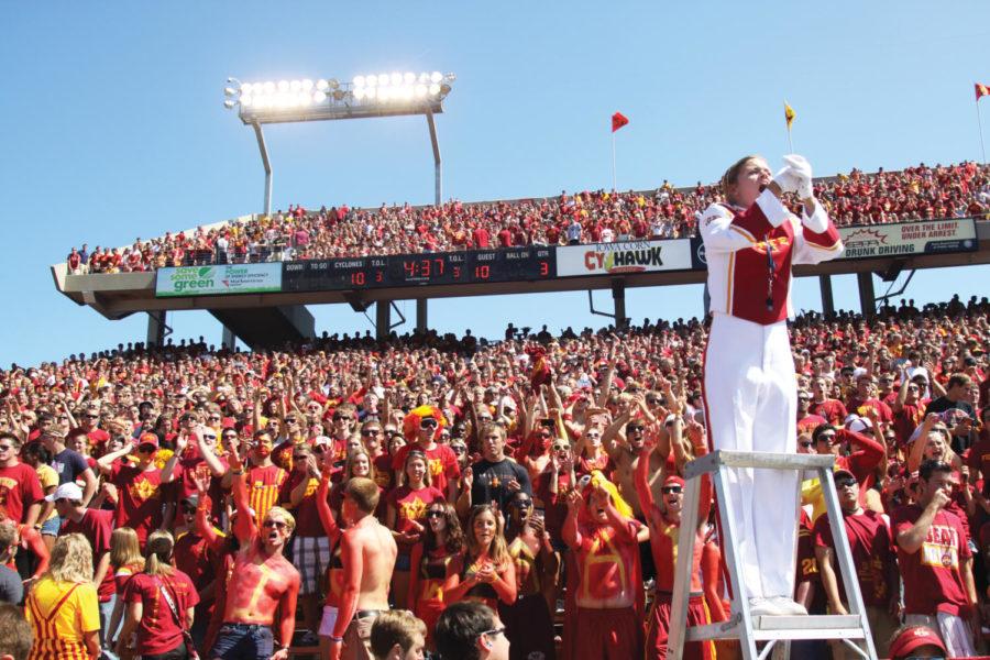 The Iowa State University Cyclone Football Varsity Marching
Band plays to the student section Saturday, Sept. 10, at Jack Trice
Stadium.
