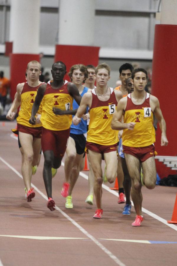 From left, Josh Heitkamp, Abdou Seye, Kyle Zankowksi and Stephen
Saylor compete together in the fast heat of the mens one-mile race
during the ISU Open on Saturday, Jan. 21, at Lied Recreation
Athletic Center. All five ISU competitors (Besu Shannon-Tamrat is
not pictured) finished in the top 10 of the event.
