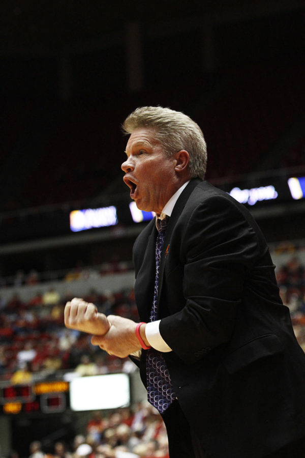 ISU+coach+Bill+Fennelly+yells+out+plays+to+his+team+during+the+game+against+the+Longhorns+on+Feb.+4%2C+2012+at+Hilton+Coliseum.+The+Cyclones+beat+Texas+71-56.