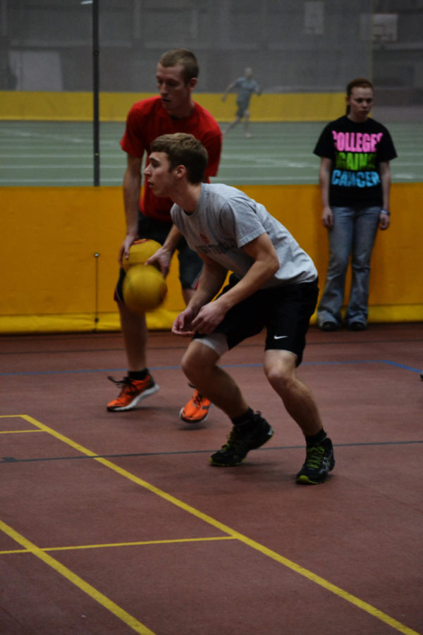 Kendall Gustafson stays on his toes waiting for a chance to
attack during Colleges Against Cancers Protect Your Balls
dodgeball tournament to raise testicular and prostate cancer
awareness Sunday, Feb. 19, at Lied Recreation Athletic Center.
