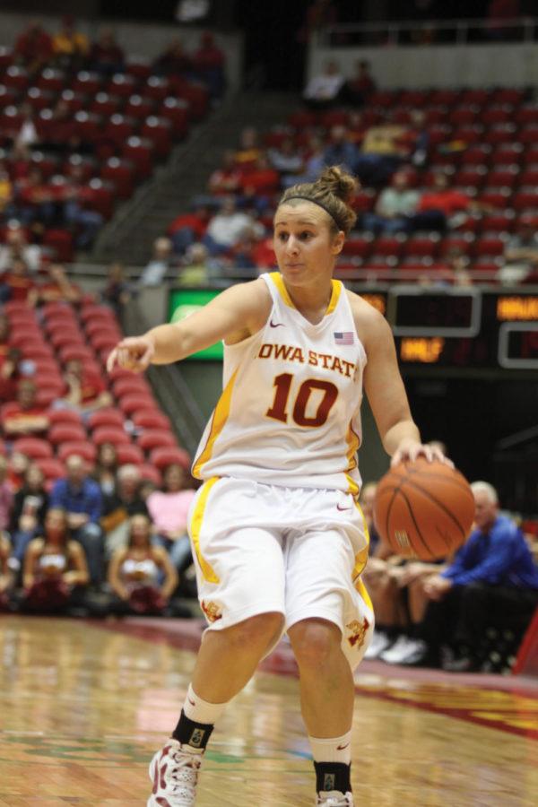 Guard Lauren Mansfield passes the ball during the game against
Rockhurst on Sunday, Nov. 6, at Hilton Coliseum. Mansfield had
three rebounds in the exhibition.
