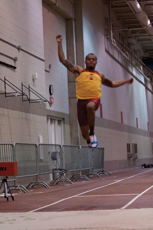 Teddy Lampkin, long jumper, leaps from the line at the long jump
pit. He placed first overall with a final distance of 7.26 meters.
Iowa State hosted the Iowa State Classic that lasted from Thursday,
Feb. 9, to Saturday, Feb. 11, at the Lied Rec Center. 
