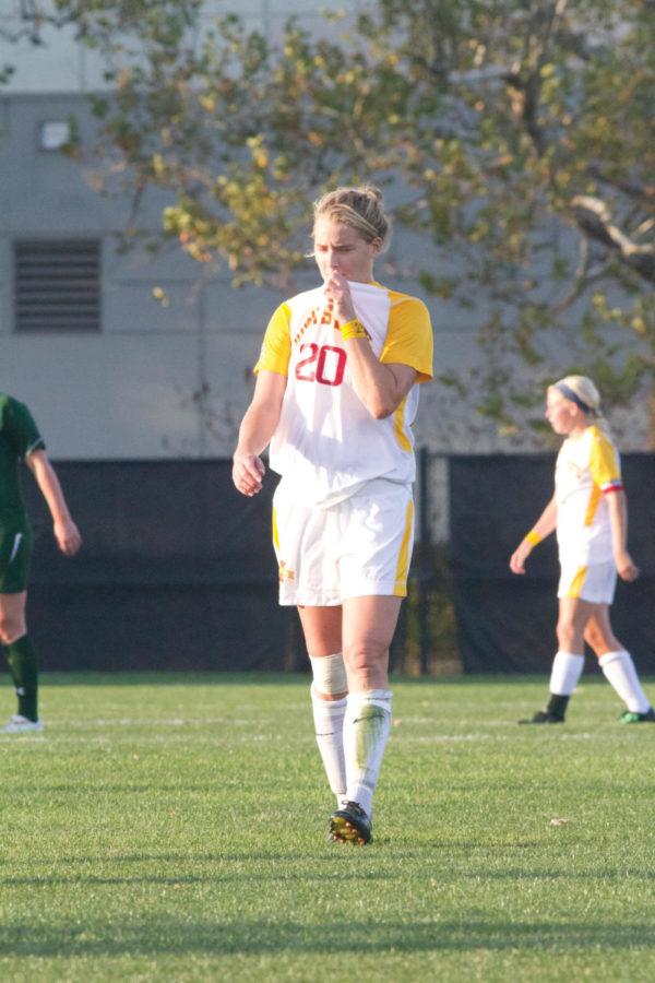 Caitlin Graboski takes her place for the ball to be thrown in
from the sidelines. Iowa State took on Baylor on Sunday, Oct.
9, at the Iowa State Soccer Complex, losing 2-0.
Both Baylor goals were scored in the second
half.
