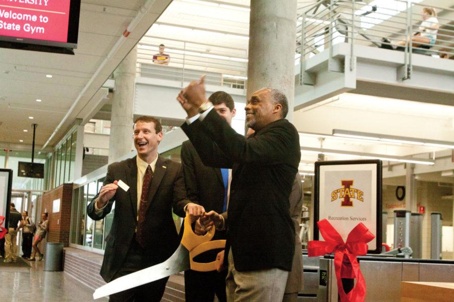 The remodeled State Gym, which was opened to the public back in
January, had its official grand opening ceremony on Friday, Feb. 3.
In the ceremony President Steven Leath, Vice President for Student
Affairs Tom Hill, Government of the Student Body President Dakota
Hoben and Director of Recreation Services Michael Giles cut the
ribbon at the front entrance to the new portion of State Gym. The
project began in 2008 when the ISU community was polled on its
contentment with the recreational facilities present at the
time.
