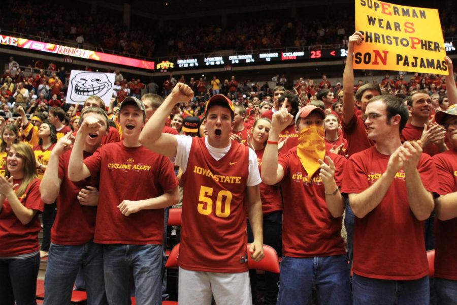 Members of Cyclone Alley celebrate following a Cyclone basket
during the ISU mens basketball game against Texas Tech on
Wednesday, Feb. 22 at Hilton Coliseum. The Cyclones 72-54 victory
marked just the third time Iowa State has tallied 20 season wins in
program history. 
